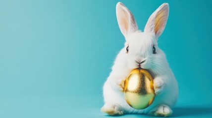 Obraz premium Cute white rabbit holding a shiny golden egg against a blue background during a festive celebration Easter