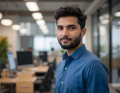 millennial 30s Indian man dressed in casual blue shirt posing indoor. Profile picture of office employee