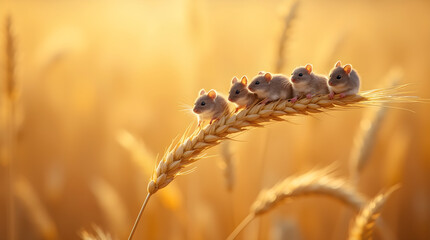 Adorable Harvest Mice on Wheat Ear in Golden Wheat Field Photography