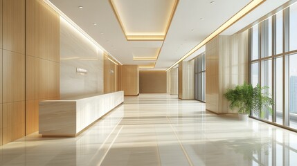 This modern office interior showcases a spacious environment with elegant wood accents, bright natural light, and a welcoming atmosphere, ideal for a professional setting.