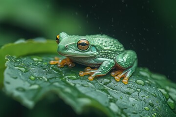 Fototapeta premium Green Tree Frog on Dew-Covered Leaf in Tropical Rainforest