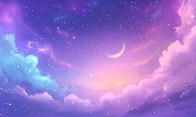 Fototapeta premium beautiful night sky with a crescent moon and stars, a dreamy purple background, white clouds, a blue gradient sky, a glowing starry sky, a fantasy background