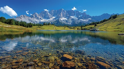 Serene Alpine Lake with Crystal Clear Water and Majestic Mountain Reflection