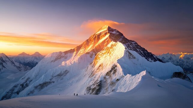 Climbers ascend everest at sunrise mount everest landscape photography majestic peaks aerial view adventure and nature's beauty