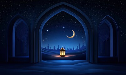 Eid Mubarak and Ramadan Kareem greetings with an Islamic lantern, mosque window, night sky, moon, and stars, and copy space