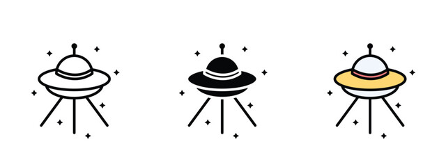 Set of 3 pixel perfect UFO Flying icon with 1 unexpanded, 1 silhouette, a simple and clear UFO flying icon representing an unidentified flying object in the sky.