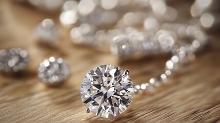 A stunning close-up of a sparkling diamond pendant set against a luxurious background of shimmering jewelry, showcasing elegance and intricate design.