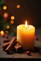 golden candle with red spice chocolates nearby, candle, holiday, warm