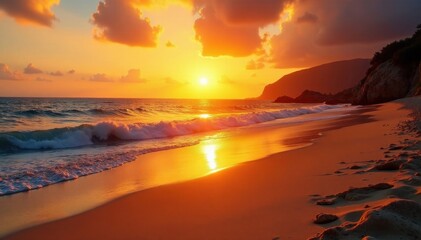 Obraz premium Fiery sunset casts long shadows on golden sand, tranquil sea , beautiful, long, nature