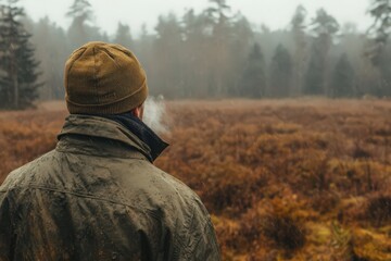 Man in Olive Green Jacket Exhaling in Misty Autumnal Field