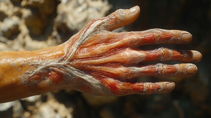 Detailed forearm musculature during rock climbing grip, visible veins and tendons, natural outdoor lighting filtering through fingers