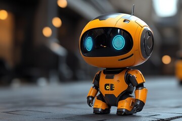 Cute robot stands on city street while exploring urban environment during daylight hours