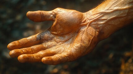 Fototapeta premium Detailed forearm musculature during rock climbing grip, visible veins and tendons, natural outdoor lighting filtering through fingers