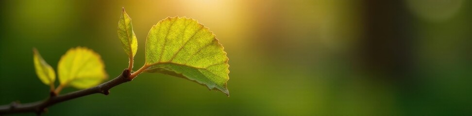 Tender young beech leaf emerges from a slender spring twig , branch, vernal