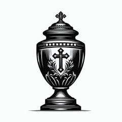 Cremation urn with cross and floral design, elegant memorial container, black and white art