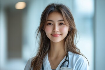 Fototapeta premium Young medical professional smiles confidently in a bright healthcare setting