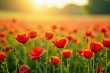 A vibrant field of scarlet poppies bathed in the warm glow of the setting sun, a breathtaking scene of natural beauty