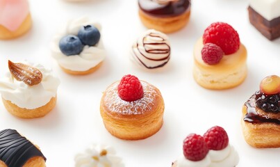  A variety of miniature pastries with a white background, Generative AI
