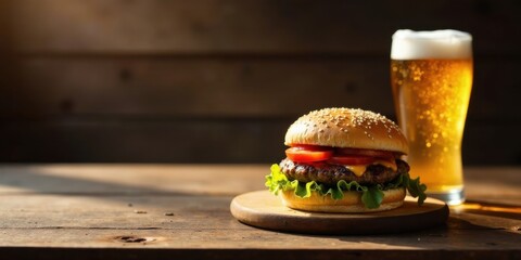 A delicious cheeseburger and a frosty glass of beer rest on a rustic wooden board, bathed in warm sunlight.