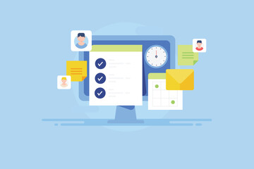 Project Management Software concept, team collaboration, file sharing and message communication. Task complete and calendar scheduler business organisation system concept.