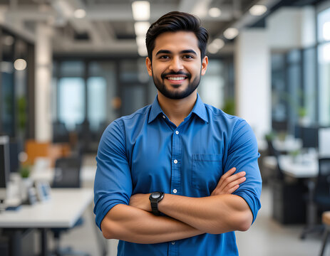 businessman, male office employee dressed in casual blue shirt posing for camera with arms crossed, standing alone at modern workplace. Management