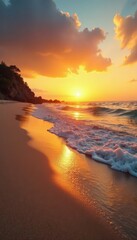 Golden sunset paints tranquil beach, soft waves lap shore , ocean, ray, beautiful