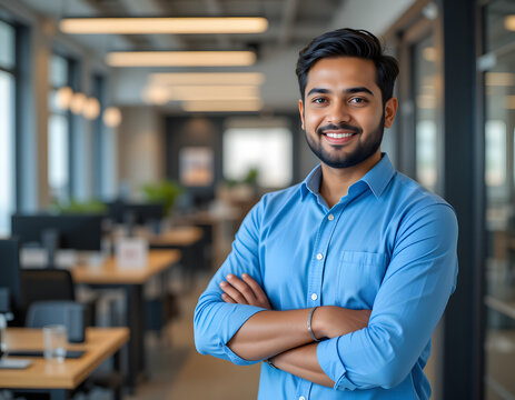 businessman, male office employee dressed in casual blue shirt posing for camera with arms crossed, standing alone at modern workplace. Management