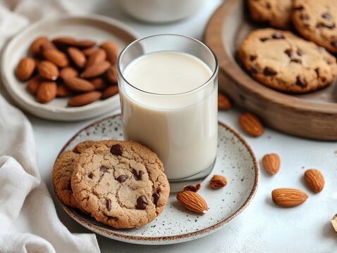 Indulgent chocolate chip cookies with a refreshing glass of almond milk