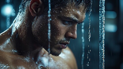 Anatomical detail of latissimus dorsi during pull-up, sweat droplets creating natural highlights, industrial gym setting