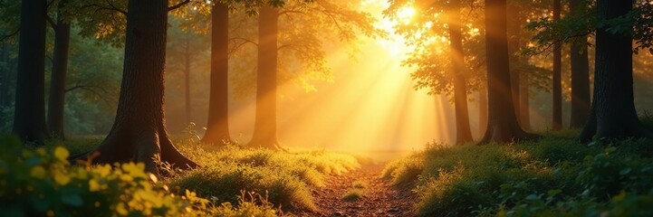 Soft golden radiance bathes a forest landscape, woodland, radiant