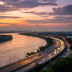 A winding expressway along a river in Bangkok at twilight, illuminated by city lights, with reflections shimmering on the water.