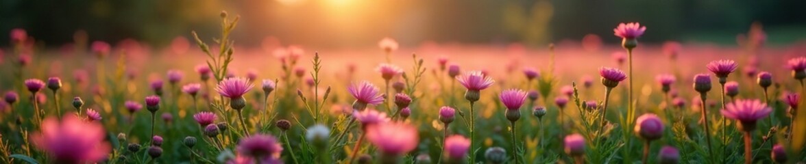 Fototapeta premium Soft pink heather blooms in a wet meadow at dawn, dawn, foliage, plants
