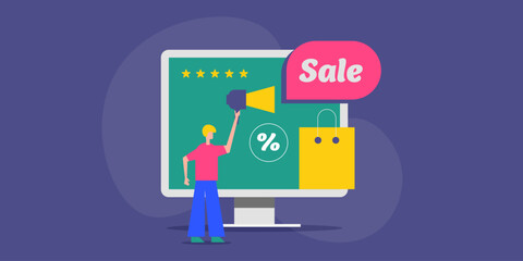 Online shopping offer promotion, discount sales concept. Man with megaphone announcing ecommerce product sales offer, business concept.