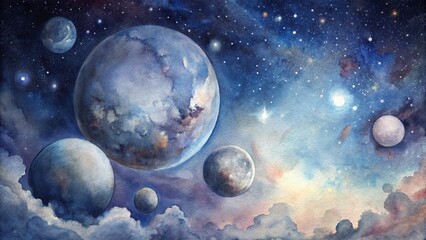 Fototapeta premium Floating planets in deep space, watercolor painting
