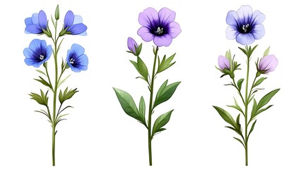 Elegant Watercolor Botanical Illustration Three Blue and Purple Flowers Isolated on White Background