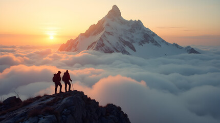 Fototapeta premium Majestic Snow Mountain Peak Golden Sunrise - Hikers Silhouetted Above Clouds - Inspirational Landscape Trekking Adventure