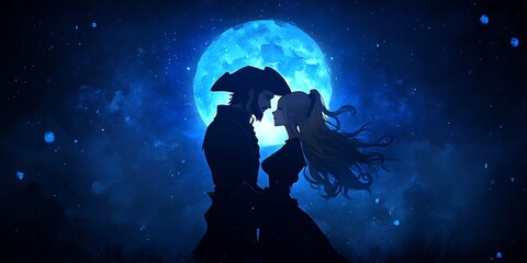 Obraz premium pirate anime couple meeting under moonlight