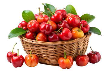Fresh acerola cherries in a wicker basket - A basket filled with ripe acerola cherries, also known as Barbados cherries, with green leaves, showcasing their vibrant red and orange hues.