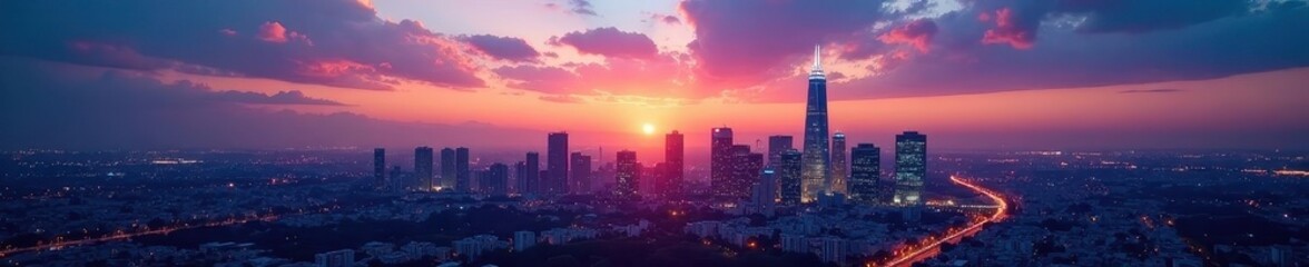 Fototapeta premium Modern city skyline at sunset with blue hour lighting, metropolis, buildings, modern