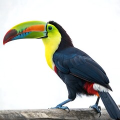 Fototapeta premium Portrait of a toucan bird, showcasing its vivid orange, yellow, and blue beak and sleek black feathers, perfectly framed with a white background