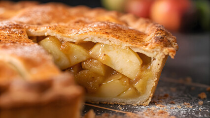 Close-up of a golden brown apple pie with flaky crust and caramelized cinnamon-spiced filling.