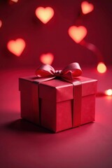 Fototapeta premium Red luxury gift box, soft pink, heart shaped lights Elegant present , luxury, background