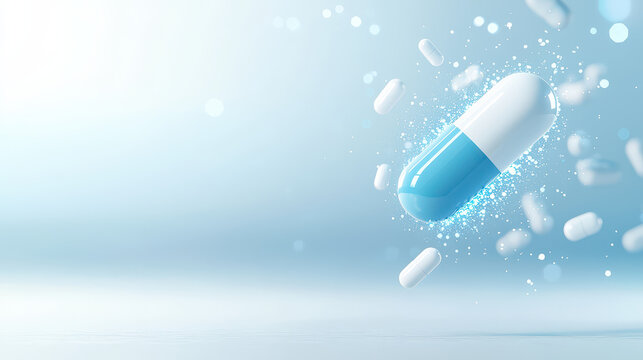 futuristic blue and white medical capsule with glowing effect surrounded by smaller pills on light background