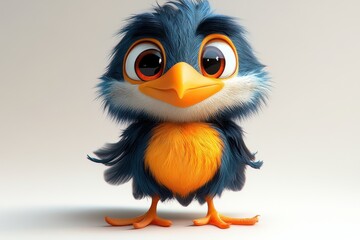 Fototapeta premium Colorful cartoon bird with big eyes and fluffy feathers standing upright against a plain background