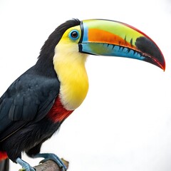 Majestic toucan with a brilliantly colored beak, perched gracefully and highlighted against a clean, minimalistic white background