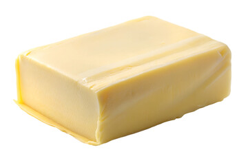 Block of fresh butter isolated on white - A close-up of a rectangular block of butter with a smooth texture, isolated on a white background. Ideal for cooking, baking, and dairy concepts.  