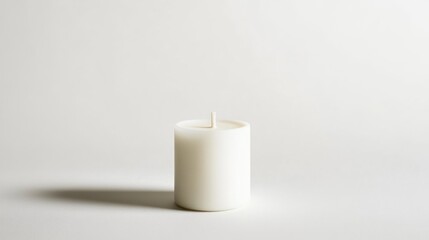 White candle burning softly on white background