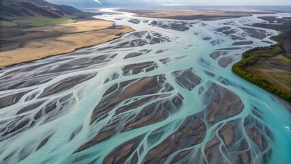 Aerial view of braided river in Iceland