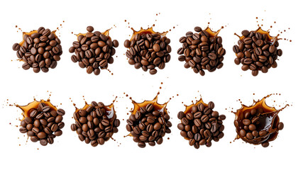 Obraz premium Collection of Roasted coffee beans splashing in delicious coffee isolated on png