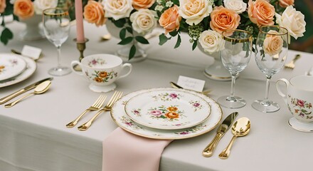 Fototapeta premium Elegant place setting featuring pastel blue and gold-accented porcelain dinnerware, gold cutlery, and a floral centerpiece of light pink and white roses. Set on a lace tablecloth